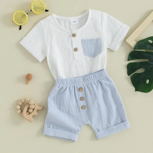 Miniatura 87 de Conjunto de ropa casual de manga corta con botones y pantalones cortos de lino para bebés y niños pequeños