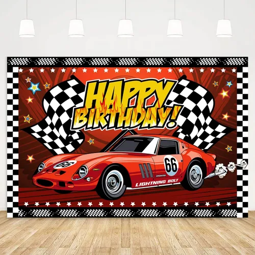Miniatura 12 de Telón de fondo de feliz cumpleaños de 7 x 5 pies, cartel de fiesta de coche de carreras, pista de carreras, fondo de fotos a cuadros negros