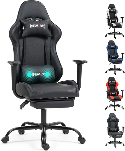 Miniatura 13 de Silla de videojuegos de piel sintética para masaje, silla de videojuegos para PC con soporte lumbar para hombres y mujeres, oficina en casa, altura
