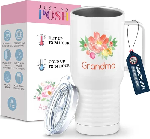 Miniatura 12 de Just So Posh Abuela Flowers Tumbler, Vaso de Café de Viaje con Asa y Tapa Deslizante, Blanco 20 oz Polar Camel, Acero Inoxidable, Aislado al Vacío