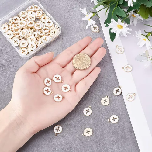 Miniatura 3 de arricraft 100 dijes redondos planos de cruz esmaltada, dijes de cruz blanca hueca, colgantes de crucifijo de esmalte de aleación para manualidades