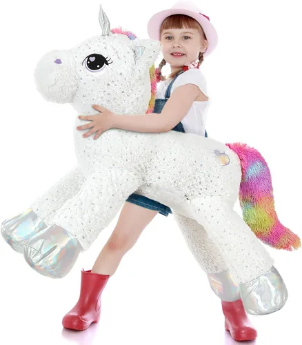 Miniatura 20 de Tezituor Juguetes de peluche de unicornio grande de 43 pulgadas, animales de peluche de unicornio blanco hueso, bonitas decoraciones de cumpleaños