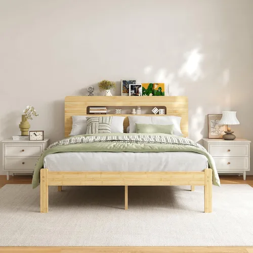 Miniatura 11 de ZIYOO Marco de cama de madera de bambú maciza tamaño individual con cabecera de almacenamiento, marco de cama plataforma de 14 pulgadas