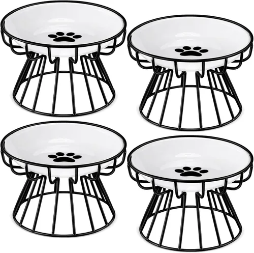 Roshtia 4 juegos de cuencos elevados de cerámica para gatos con soporte de metal, platos aptos para lavavajillas, platos elevados antideslizantes