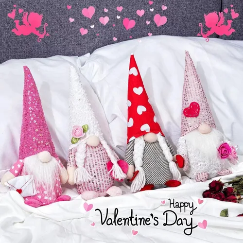 Miniatura 4 de Decoración de gnomo de San Valentín de elfo de peluche – 4 gnomos suecos hechos a mano de peluche de elfo escandinavo Tomte – Adorno de mesa