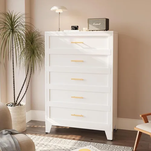 Cómoda de Metal Alta de 53.54 Pulgadas para Dormitorio, Cómodas de Armario Blancas de 5 Cajones, Unidad Organizadora de Almacenamiento Moderna,