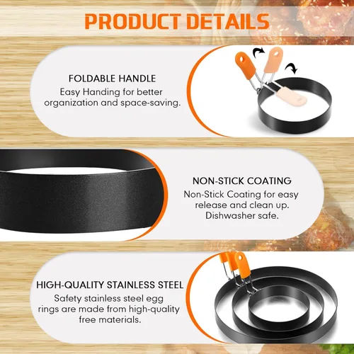 Miniatura 4 de Patelai Juego de 6 Anillos para Huevos y Panqueques de Acero Inoxidable, Moldes para Huevos Fritos en Plancha, Formadores de Panqueques con Mango