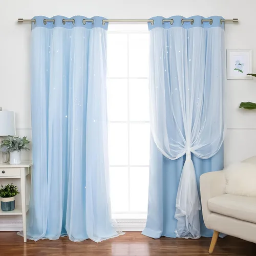 Miniatura 19 de Best Home Fashion Par de cortinas opacas con revestimiento de tul y corte láser, paneles de ventana con ojales plateados para dormitorio, habitación
