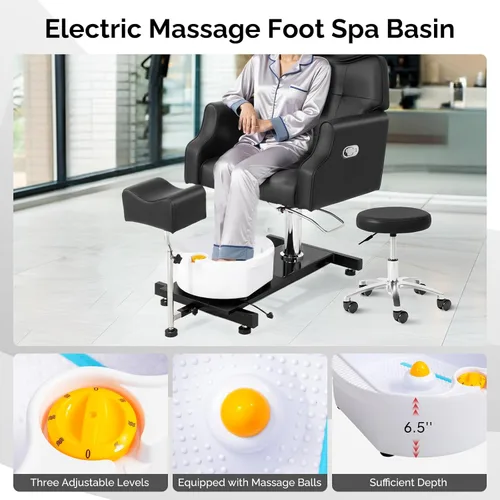 Miniatura 7 de OmySalon Silla de pedicura con taburete y baño de pies de masaje de burbujas, rotación de 360°, asiento hidráulico ajustable, estación Pedi