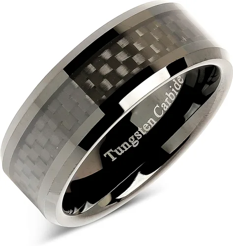 Miniatura 2 de 100S JEWELRY Anillo de carburo de tungsteno de 0.315in con incrustaciones de fibra de carbono, chapado en negro, talla 6-16, Tungsteno