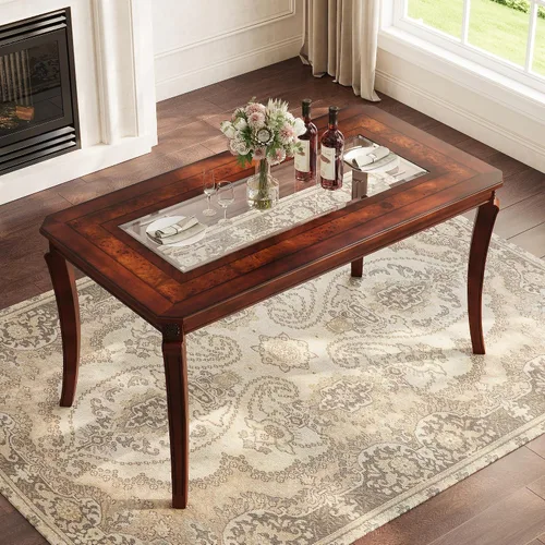 Miniatura 9 de PADMA HOUSE Mesa de comedor tradicional de madera maciza para 6, 59 pulgadas de largo, mesa rectangular de madera con patas curvas, escritorio