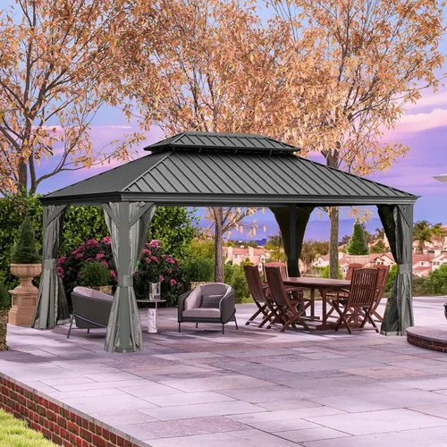 Miniatura 39 de Domi - Cenador de techo rígido de 8 x 8 pies con malla y cortinas, cenador para exteriores con techo doble de acero galvanizado para patio, césped
