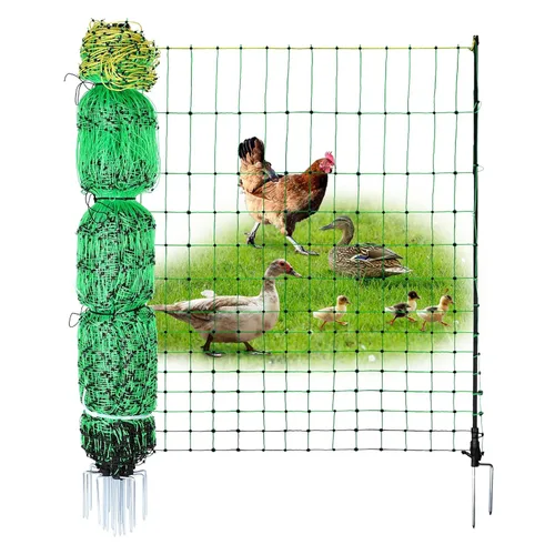 ANDMON Malla eléctrica para aves, 48" x 164' de malla de valla eléctrica con postes de fibra de vidrio dobles clavados, valla eléctrica para pollos