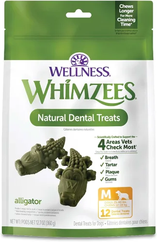 Whimzees Wellness Alligator - Golosinas dentales para perros, masticables naturales, tamaño mediano, (12 unidades)