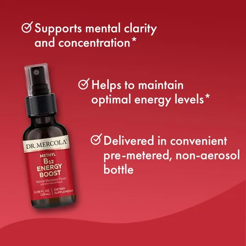 Miniatura 3 de Dr. Mercola Methyl B12 Energy Boost - Spray de absorción rápida - Vitamina B12 activa como metilcobalamina - Sabor natural de mora - 39 porciones