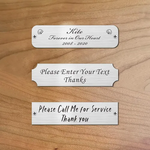 Miniatura 2 de 3" de ancho x 0.75" de alto, personalizadas, con grabado láser personalizado, etiquetas de nombres para armazones con imágenes, placas de acero
