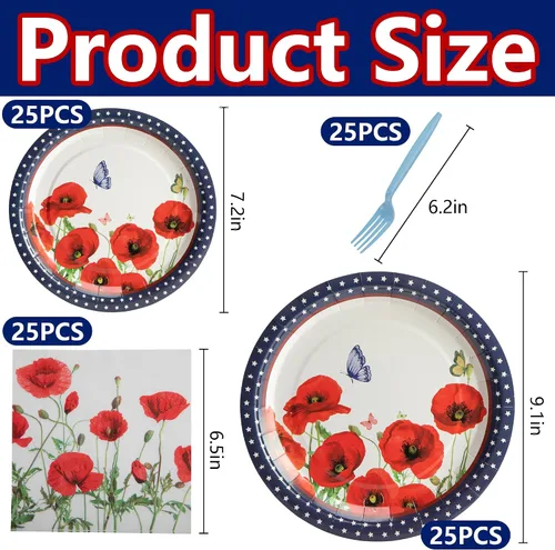 Miniatura 2 de Wehhbtye 100 platos y servilletas de flores de amapola del 4 de julio, platos de papel conmemorativos con tenedores, suministros desechables