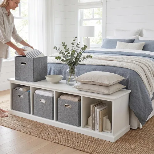 Miniatura 10 de Cubos de almacenamiento de tela gris de 12 x 12 pulgadas, paquete de 4 cubos organizadores plegables con aspecto de lino con asas, cestas plegables