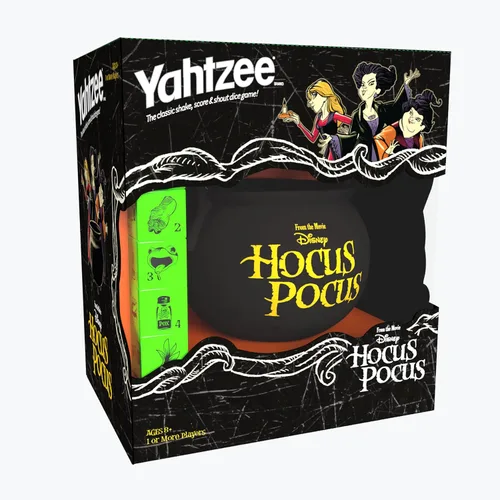 USAOPOLY YAHTZEE: Disney Hocus Pocus | Taza de dados de caldero coleccionable de bruja ~ Juego familiar clásico basado en película, ideal para la