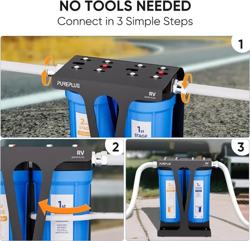 Miniatura 4 de PUREPLUS Sistema de filtro de agua de doble etapa RV con sedimentos ranurados y cartuchos KDF/carbono, accesorios de acero inoxidable de 3/4