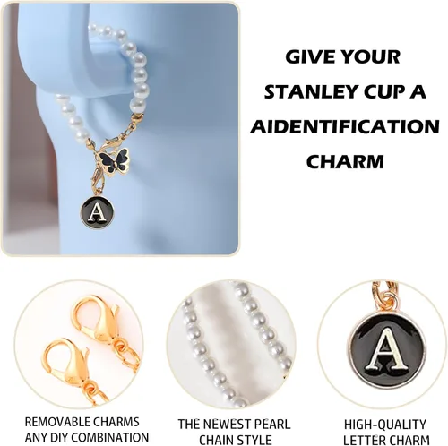 Miniatura 3 de Encanto de letra para Copa Stanley, accesorios de cadena de perlas, encantos de iniciales de Copa Stanley para asa, decoración de botella de agua