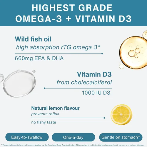 Miniatura 2 de Pure & Essential Omega-3 y D3 1000iu, rTG de acción rápida, soporte para ojos, corazón y función cerebral, 1 al día, aceite de pescado silvestre