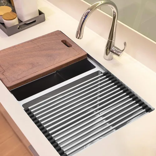 Miniatura 5 de ZEEK Fregadero de cocina con estación de trabajo de doble cuenco de montaje inferior 32 con accesorios, calibre 16, acero inoxidable 50/50 tazón