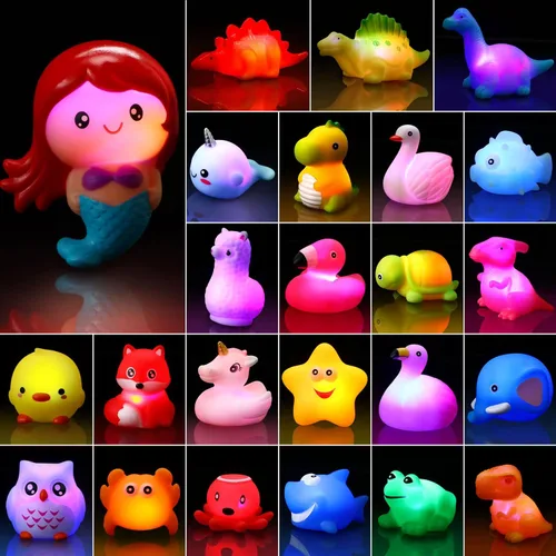 Paquete de 24 juguetes iluminados para el baño del bebé, juguetes flotantes de goma para niños pequeños, niños y niñas, luz intermitente que cambia