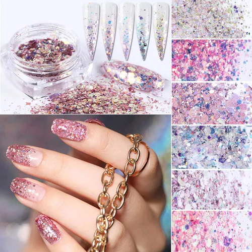 Miniatura 5 de Suministros de uñas holográficas con purpurina para uñas, decoración de uñas en polvo de sirena, lentejuelas brillantes 3D, dijes de manicura