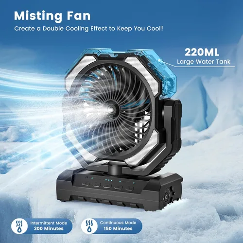 Miniatura 2 de Ventilador de Neblina Portátil de 20000mAh, Ventilador de Camping Recargable por USB con Luz LED, Operado por Batería para Exteriores, Tiendas