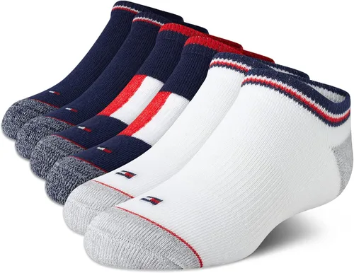Tommy Hilfiger Calcetines deportivos para niños, paquete de 6 calcetines de tobillo transpirables que no se ven de corte bajo para niños y niñas