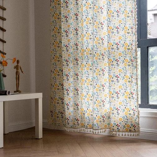 Miniatura 116 de Deeprove Cortinas bohemias para dormitorio, rayas huecas de ganchillo crema y estampado floral, tela de lino de algodón, con borlas beige bohemias