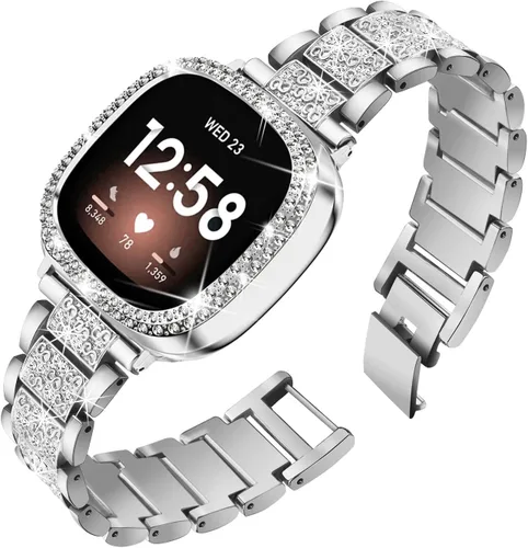 Miniatura 2 de Correa de reloj brillante compatible con Fitbit Versa 4/Fitbit Sense 2 para mujer, correa ajustable de aleación de cristal con diamantes