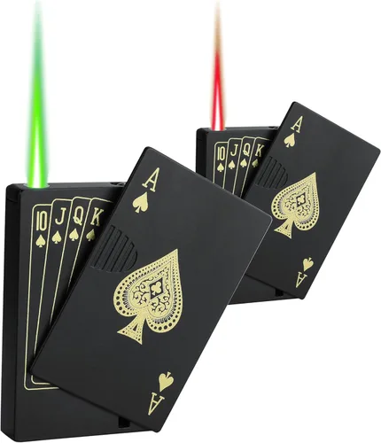 Miniatura 12 de Encendedor de antorcha de chorro, Ace Card Green Flame Lighter, diseño de póker de metal, resistente al viento, recargable, butano, encendedor