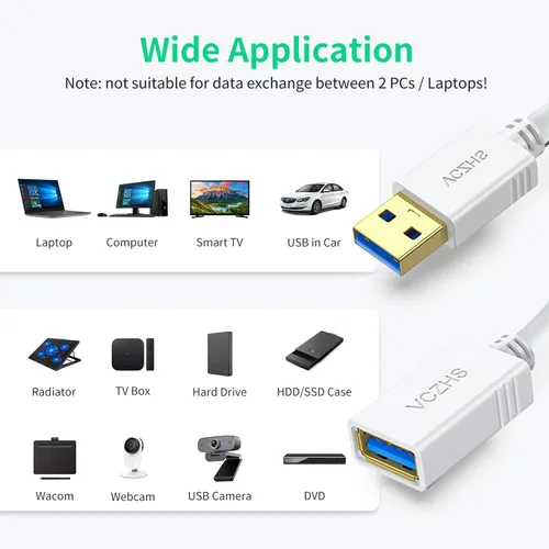 Miniatura 4 de VCZHS Tech Cable de extensión USB blanco de 1 pie, extensor USB 3.0 para transferencia de datos de alta velocidad y carga rápida, duradero
