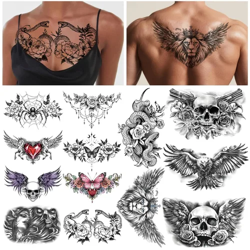 Miniatura 15 de 77 hojas de tatuajes temporales realistas en 3D para adultos y niños, calavera de araña, tigre, león, dragón, serpiente, tatuajes temporales