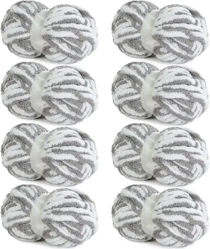 HOMBYS Hilo Grueso de Chenilla Esponjoso para Tejer a Mano, Hilo Suave y Ligero Grueso Jumbo para Manta Gruesa, Paquete de 8, Blanco y Gris (232 m,