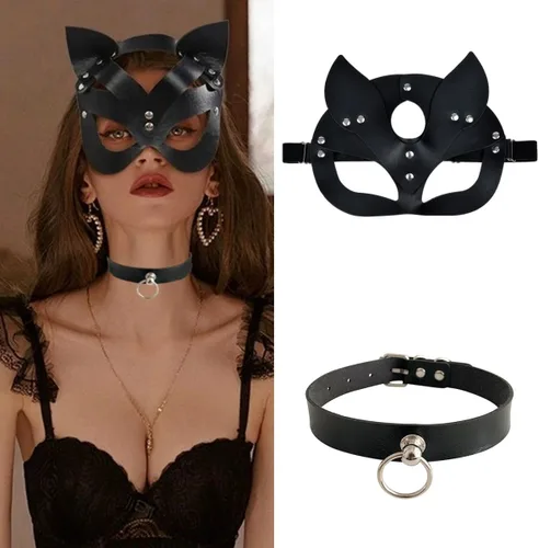 Miniatura 2 de Delicate Dew Conjunto de máscara y collar para mujer de Halloween, disfraz de gato sexy, accesorios punk para fiesta de disfraces