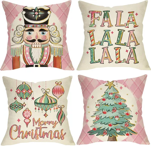 Miniatura 8 de Juego de 4 fundas de almohada decorativas con diseño de cascanueces navideñas, 20 x 20 pulgadas, árbol de Navidad, soldado de madera de dibujos