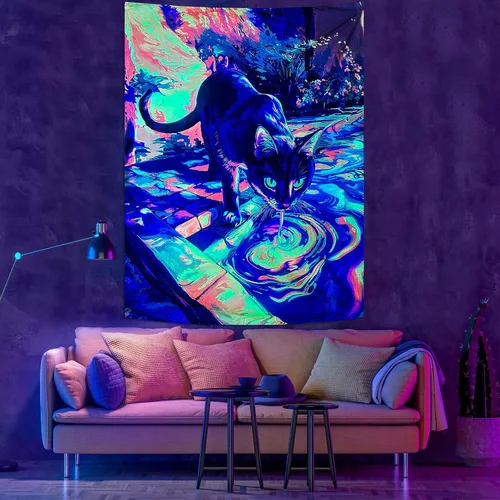 Miniatura 4 de Spenlife Blacklight - Fantástico tapiz de gato negro, tapiz de pared de gato reactivo que brilla con rayos UV para decoración de habitación, tapiz