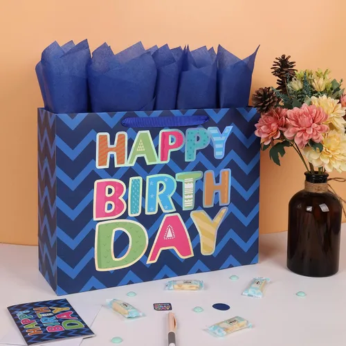 Miniatura 5 de Qirrmiy Juego de bolsa de regalo de cumpleaños azul extragrande de 16.5 pulgadas con asas, tarjeta de felicitación, papel de seda y calcomanías
