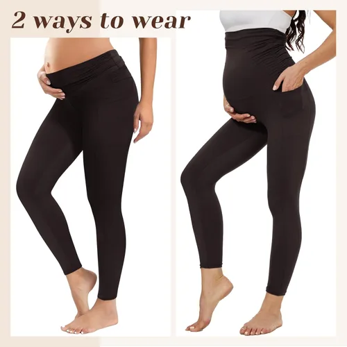 Miniatura 4 de Paquete de 2 leggings de maternidad con bolsillos sobre el vientre, pantalones negros para mujer, para entrenamiento, yoga, embarazo
