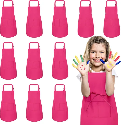 Miniatura 10 de Juego de 12 delantales para niños a granel con 2 bolsillos, delantal de chef de arte ajustable para niños, delantales de pintura para niños