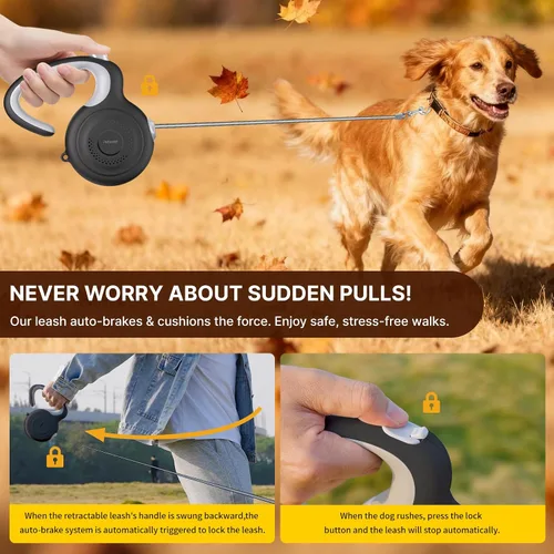 Miniatura 3 de AutoBrake - Correa retráctil para perro, cinta de nailon de 10 pies, sin enredos, mango ergonómico ligero para perros pequeños y medianos (negro)