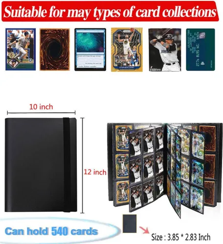 Miniatura 6 de Carpeta para tarjetas coleccionables, 9 bolsillos de colección de álbumes de tarjetas para tarjetas de béisbol Yugioh MTG, protección de Negro