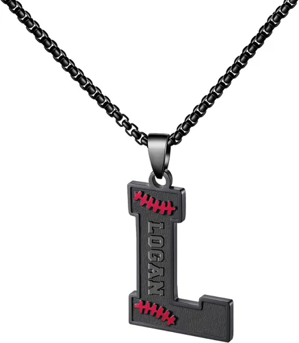 Miniatura 46 de Ldurian Collar personalizado con nombre de béisbol, cadena negra de acero inoxidable, collar con nombre deportivo, letra A-Z de 24 pulgadas, regalos