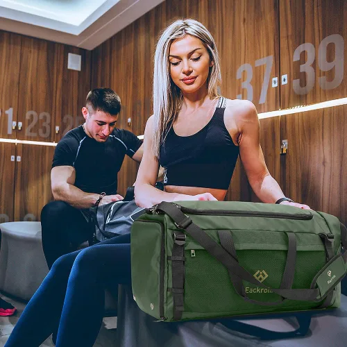 Miniatura 6 de Eackrola Bolsas de gimnasio para hombre con compartimento para zapatos, bolsa de lona deportiva con bolsillo húmedo para mujer, 65 L, forro polar