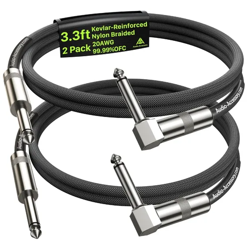 Miniatura 41 de Cable de guitarra de 1.5 pies, paquete de 2 unidades, nailon trenzado anti-torceduras reforzado con Kevlar, conector Neutrik REAN, calibre 20