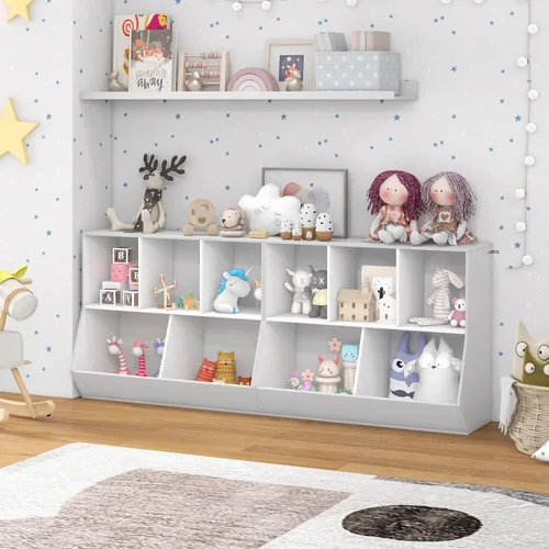 Miniatura 7 de KOTEK Organizador de almacenamiento de juguetes de 5 cubos, gabinete de almacenamiento de juguetes de madera, estante abierto para juguetes, Natural