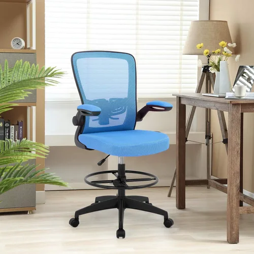 Miniatura 2 de Silla de oficina alta, de altura ajustable, con soporte lumbar y brazos abatibles; silla de respaldo de malla con reposapiés. Banco para escritorio